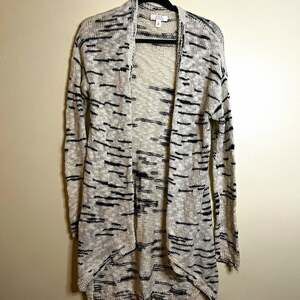 Sun & Shadow Womens S Ivory/Black Striped Cotton Knit Open Front Cardigan